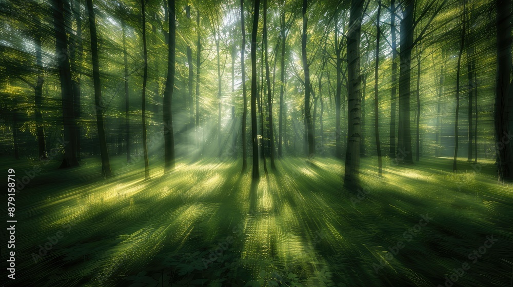 Fototapeta premium Softly blurred forest with sunlit trees