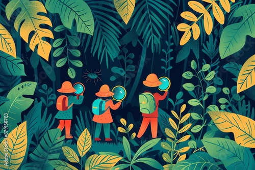 A group of children are exploring a lush rainforest. They are looking at the plants and animals with magnifying glasses. The background is a dense jungle of green leaves and vines.