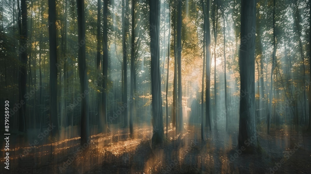 Softly blurred forest with sunlit trees
