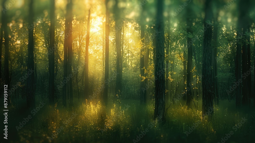 Fototapeta premium Softly blurred forest with sunlit trees