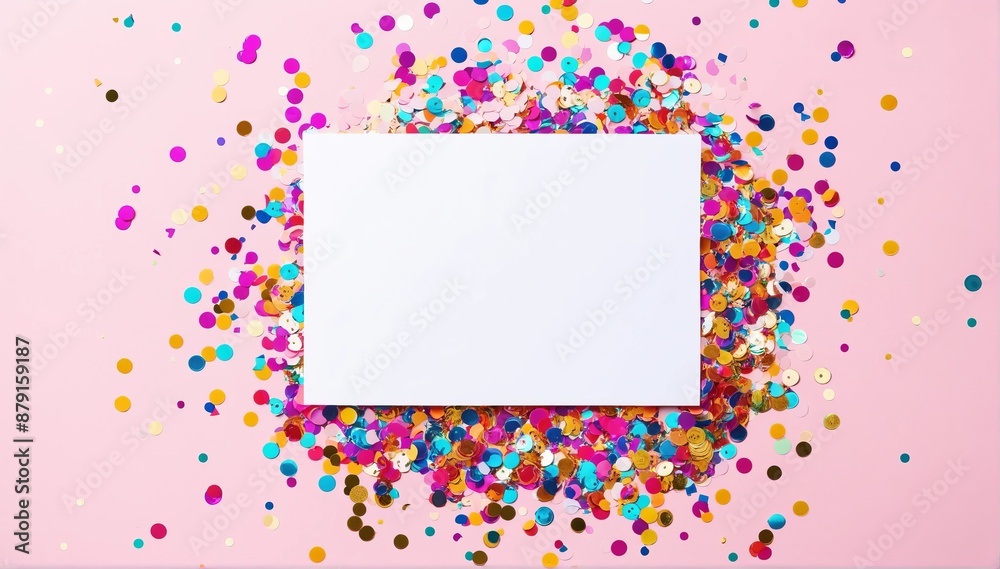 White greeting card over scattered colorful sequins and confetti on isolated light pink background with blank space. Flat lay, top view with copy space. Mockup template.