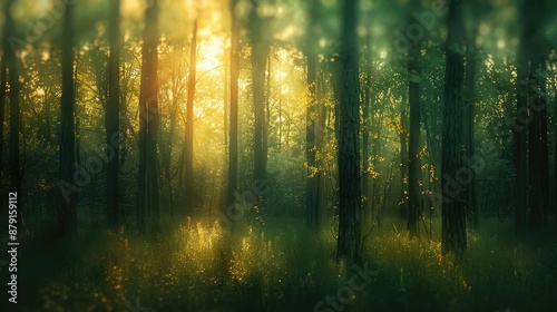 Softly blurred forest with sunlit trees