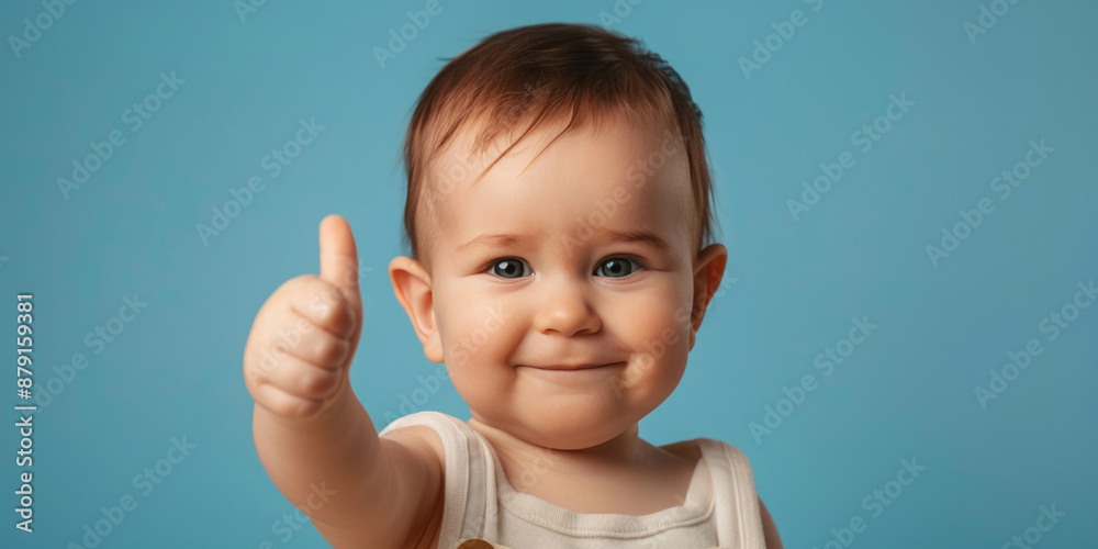 A cute smiling baby boy shows a thumbs up on a blue background. A cute smiling baby boy shows a thumbs up on a blue background.