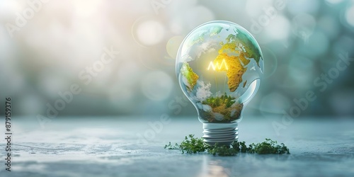 Eco-Friendly Light Bulb Featuring Photorealistic Global Landscapes on Canvas. Concept Eco-Friendly Products, Home Decor, Global Landscapes, Light Bulb, Artistic Design photo