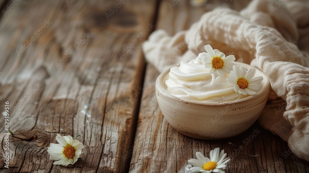 Cream and flower on wooden surface Cream and flower on wooden surface