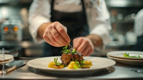 Fototapeta Naklejka Na Ścianę i Meble -  A chef carefully arranges a dish in a restaurant kitchen