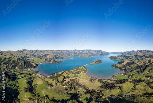 Christchurch, New Zealand: Aerial drone view of the stunning Banks Peninsula on a sunny day near Christchurch in Canterbury in New Zealand south island