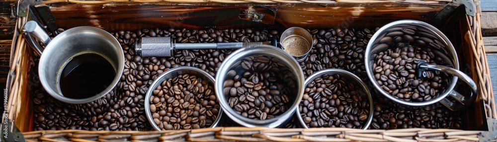 Fototapeta premium A coffee gift basket with various coffee beans
