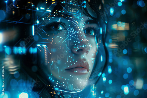 Wallpaper Mural A beautiful woman's face is projected on glass, surrounded by futuristic technological elements like circuit boards and blue lights, against a dark background with light effects. Torontodigital.ca