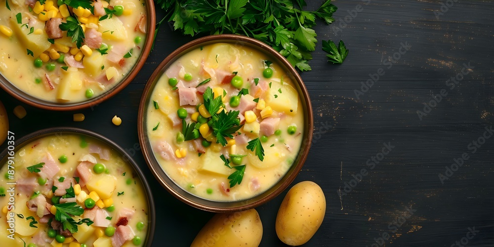 Serving up bowls of chowder with potatoes, ham, bacon, sweetcorn, parsley, and pepper. Concept Potato Chowder, Ham and Bacon, Sweetcorn and Parsley, Pepper Seasoning Serving up bowls of chowder with potatoes, ham, bacon, sweetcorn, parsley, and pepper. Concept Potato Chowder, Ham and Bacon, Sweetcorn and Parsley, Pepper Seasoning