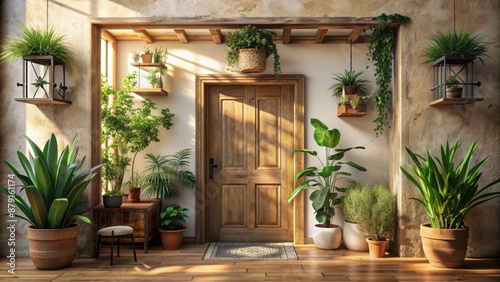 Cozy doorway scene with warm natural light spilling in, showcasing a inviting entrance with decorative plants and rustic wooden frame. © Wanlop