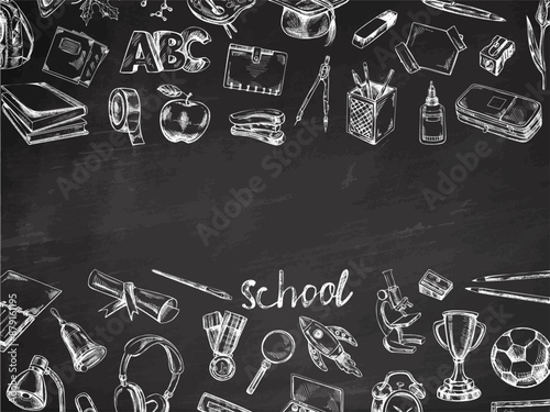 Back to School, hand drawn school supplies, template. Doodle lettering and school object collection. Education Concept. Vintage sketch element. Vector illustration. Back to School.