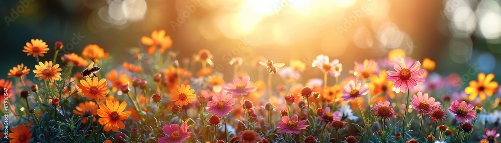 Beautiful wildflowers basking in the warm glow of sunset, creating a vibrant and serene nature scene filled with colorful blossoms. Beautiful wildflowers basking in the warm glow of sunset, creating a vibrant and serene nature scene filled with colorful blossoms.