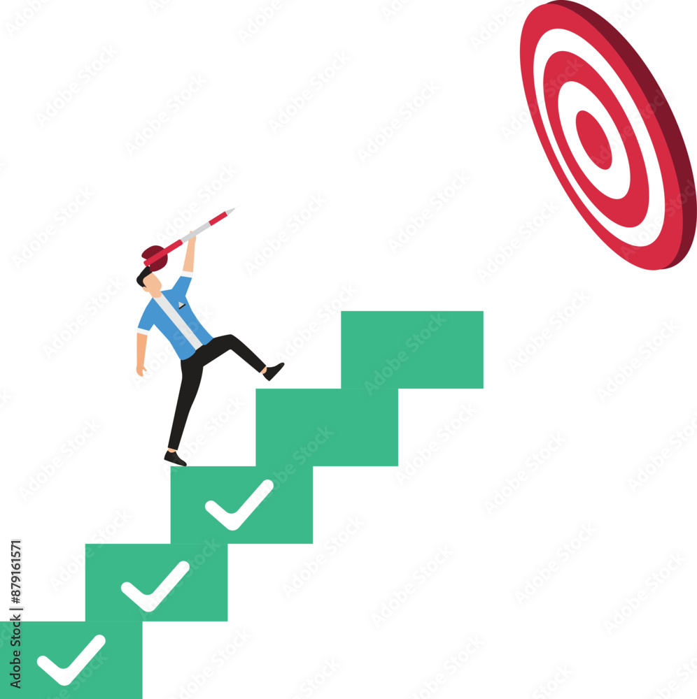 Businessman Climbing Ladder to Hit Arrow Target Strategic Decision Businessman Climbing Ladder to Hit Arrow Target Strategic Decision