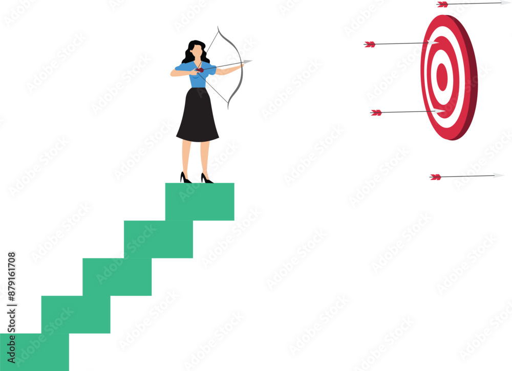 The businesswoman at the top of the ladder wants to put an arrow in the target The businesswoman at the top of the ladder wants to put an arrow in the target