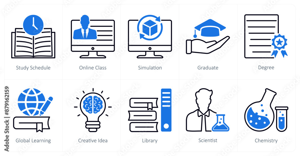 A set of 10 School and Education icons as study schedule, online class, simulation