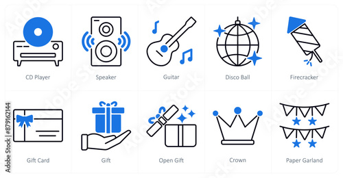 A set of 10 Party and Celebration icons as cd player, speaker, guitar