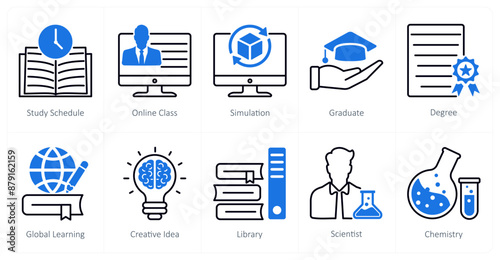 A set of 10 School and Education icons as study schedule, online class, simulation