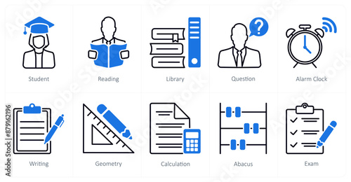 A set of 10 School and Education icons as student, reading, library
