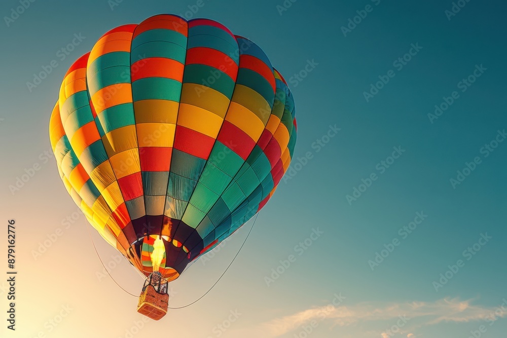 Fototapeta premium A majestic hot air balloon floating peacefully against a clear blue sky at sunrise, with the golden hues of the rising sun casting a warm glow over the horizon. The intricate details of the balloon's