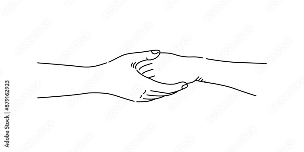 Gently hand holding hand in line drawing vector. Gently hand holding hand in line drawing vector.