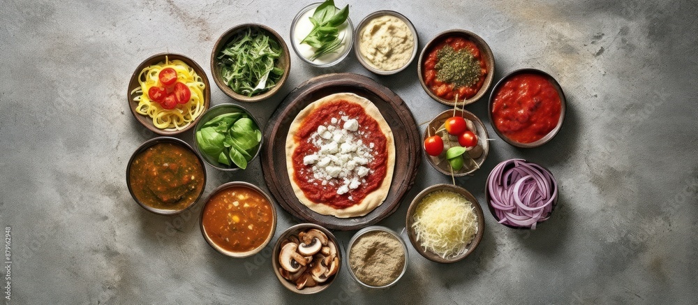 Pizza Toppings Arrangement on a Gray Background