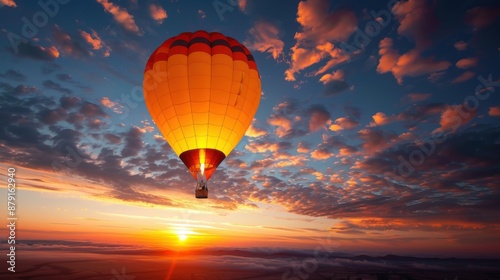 An orange hot air balloon majestically floating in a vibrant sky with colorful clouds at sunrise, capturing the serene beauty of the early morning
