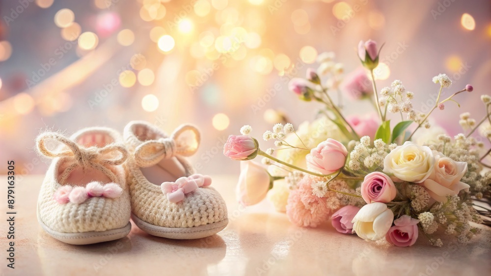 Soft glowing lanterns surround a tiny onesie and baby block with tender flowers on a serene pastel-colored nursery background atmosphere.