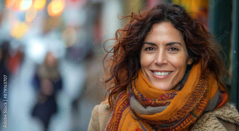 Beautiful smiling hispanic woman in her 40s, street portrait in Christmas time Beautiful smiling hispanic woman in her 40s, street portrait in Christmas time