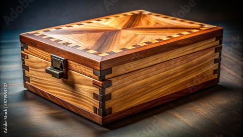 Exquisite close-up of intricately crafted wooden box featuring precise dovetail joints, showcased against a neutral, high-contrast background.