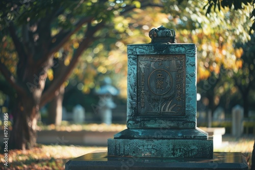 a statue in a park with trees in the background