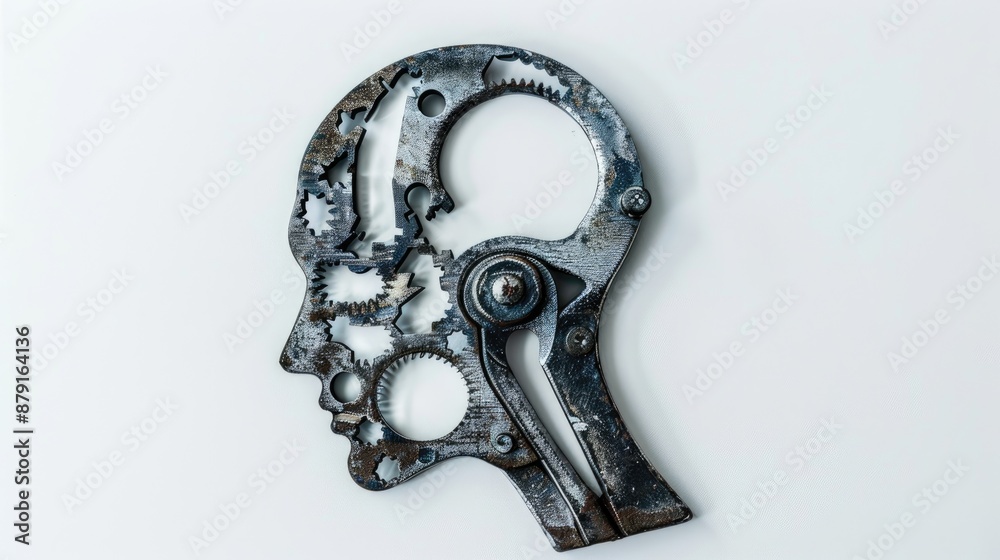 Creative concept of a steel hand tool creating a human head profile cut out on a white background Creative concept of a steel hand tool creating a human head profile cut out on a white background