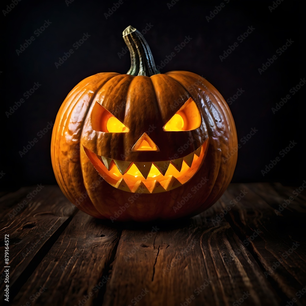Halloween pumpkin with a carved face on it sits on a wooden table with a night background Halloween pumpkin with a carved face on it sits on a wooden table with a night background