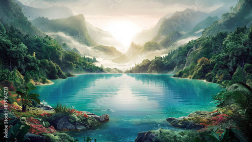 A stunning surreal illustration of a pristine lake surrounded by lush green forested mountains, with a vibrant turquoise water reflecting the breathtaking landscape under a vibrant sunlight. 