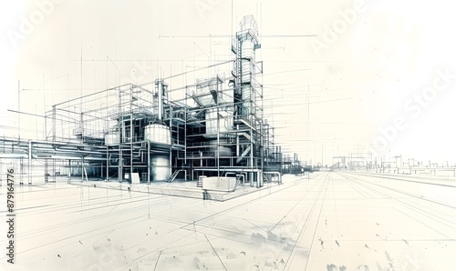 Industrial Building Project : Detailed sketch of an industrial building construction site, with space for text