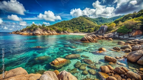 A stunning coastal landscape featuring a rocky shoreline and crystal-clear turquoise waters