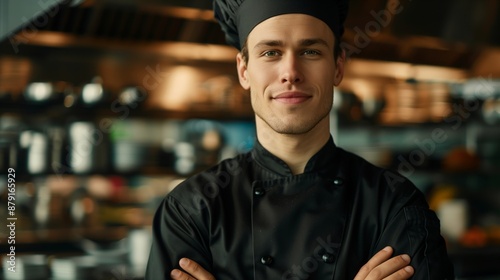 A chef in uniform stands proudly in a professional kitchen, arms crossed photo