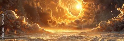 Computer-generated fractal landscape with flowing liquid metal rivers. Alien sun lighting. Exoplanet atmosphere background. Hasselblad X2D 100C, 90mm lens, panoramic stitch.  photo