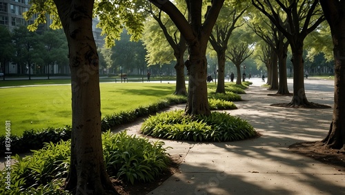 Urban Oasis: Trees in an urban setting like a park or botanical garden, providing a contrast between nature and city life. photo