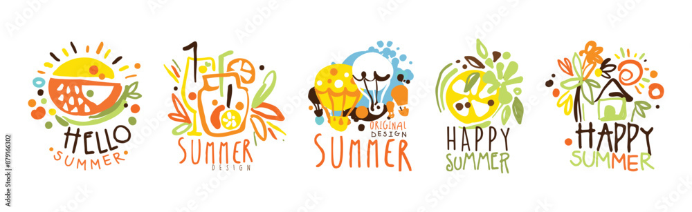 Fototapeta premium Happy Summer Label and Original Design Bright Logo Vector Set