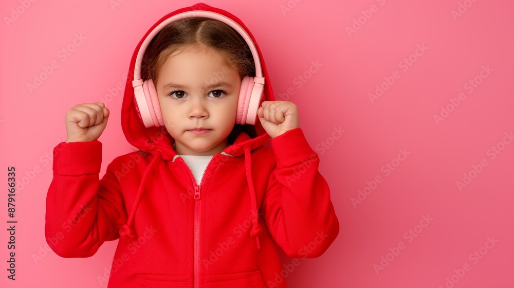A young girl in a red hoodie is wearing pink headphones and is standing in front of a pink wall A young girl in a red hoodie is wearing pink headphones and is standing in front of a pink wall