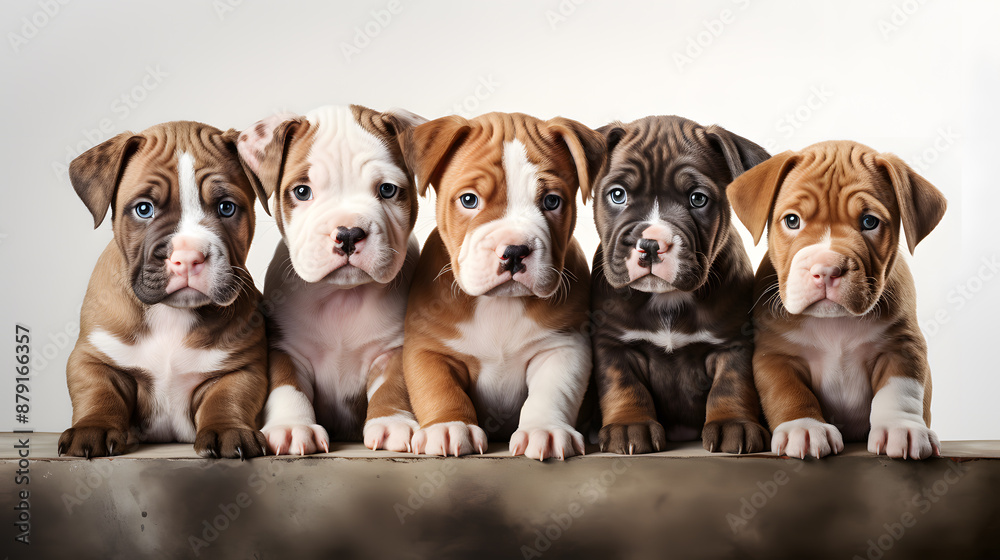 Dog puppies sitting in a row on white background Dog puppies sitting in a row on white background