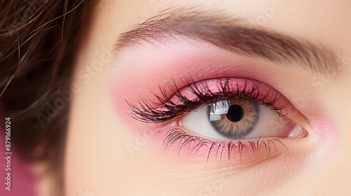 Detailed close-up of a human eye with pink eyeshadow, showcasing the eyelashes, iris, and makeup detail.