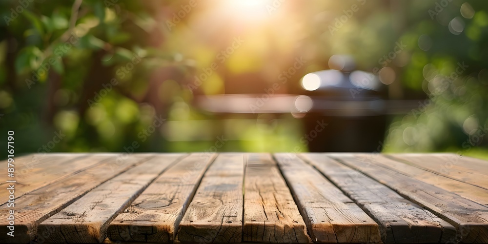 Wooden Table in Backyard with BBQ Grill in Background. Concept Outdoor Cooking, Patio Dining, Backyard BBQ, Rustic Decor, Al Fresco Dining Wooden Table in Backyard with BBQ Grill in Background. Concept Outdoor Cooking, Patio Dining, Backyard BBQ, Rustic Decor, Al Fresco Dining
