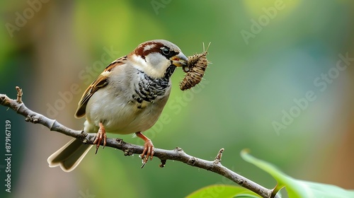 A sparrow that eats caterpillars and an insignificant creature photo