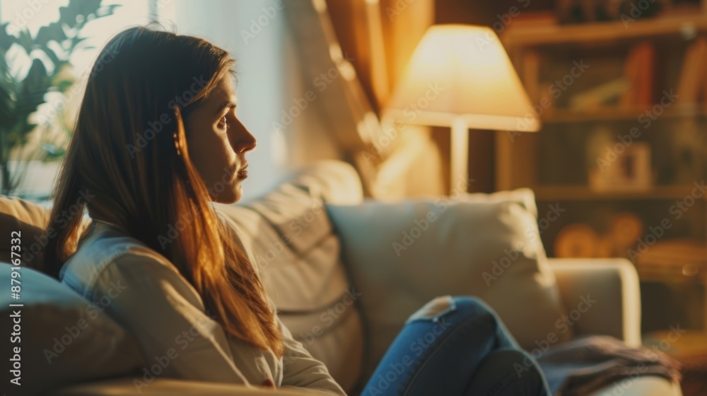 A pensive woman sitting alone on a couch at home, illuminated by warm ambient lighting, reflecting deep thoughts. A pensive woman sitting alone on a couch at home, illuminated by warm ambient lighting, reflecting deep thoughts.