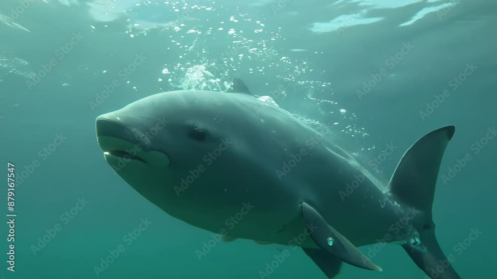 Underwater photography of a dolphin swimming in the ocean. Concept: marine life, underwater world, ecology, wildlife, beauty of the ocean, protection of nature.