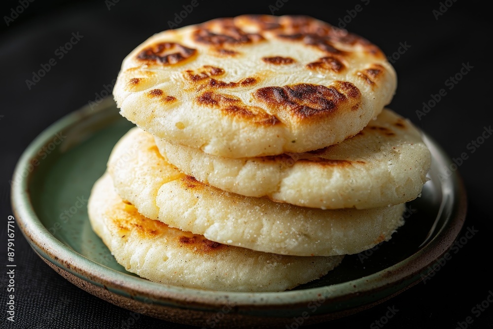 Photo of arepas on a plate with studio lighting against a black background, with high resolution photography. Photo of arepas on a plate with studio lighting against a black background, with high resolution photography.