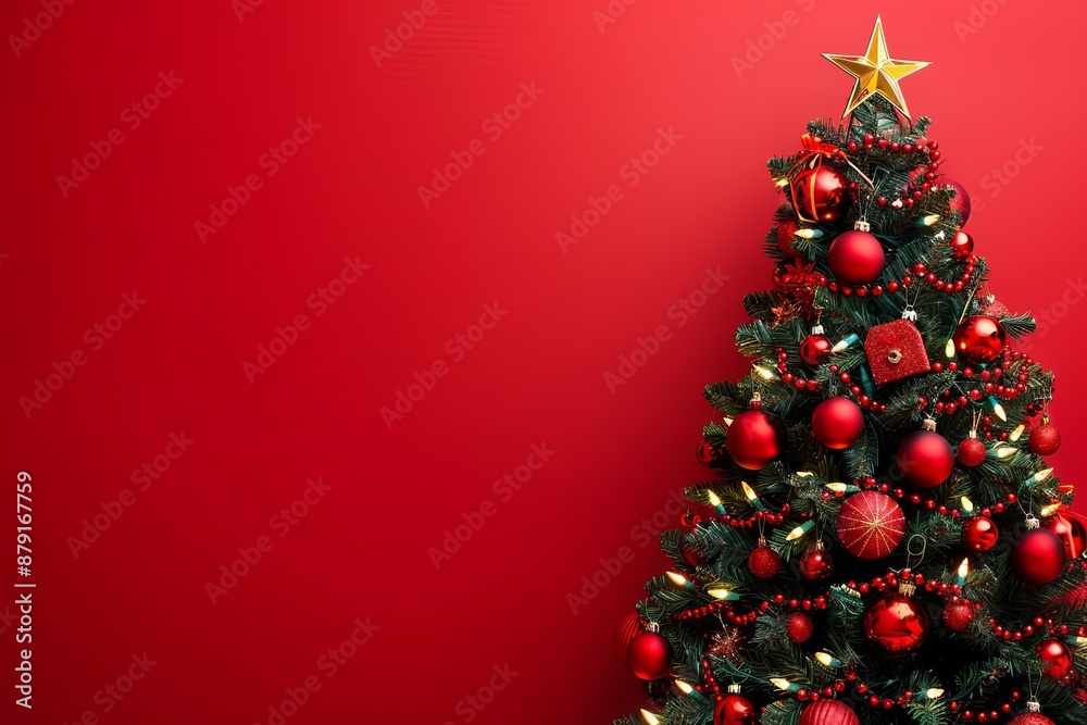 Christmas tree with red and gold ornaments on a red background. Festive background with copy space Christmas tree with red and gold ornaments on a red background. Festive background with copy space