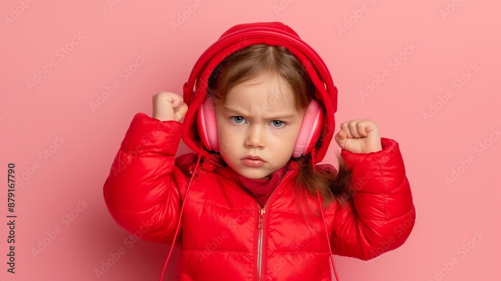 A little girl in a red jacket and pink headphones is standing with her arms crossed and a frown on her face A little girl in a red jacket and pink headphones is standing with her arms crossed and a frown on her face